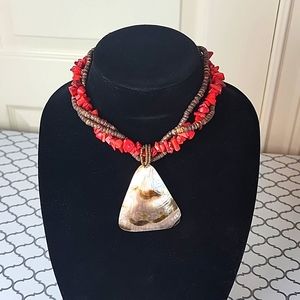 18"Abalone Shell Statement Beaded Hand Crafted Necklace wood and stone